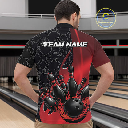 Male model in a bowling lane wearing black and red quarter zip shirt, front view featuring flaming black bowling ball striking pins dynamic sports artwork