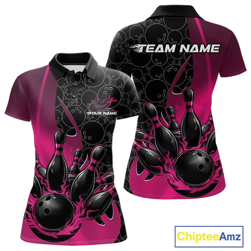 Front and back view of a womens black and pink bowling polo shirt mockup featuring gradient bowling ball pattern with flaming black bowling ball striking pins.