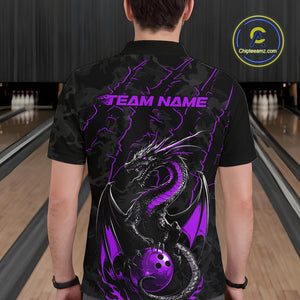 Custom Gray And Purple Camo Dragon Claws Bowling Men Polo Shirts, Team Bowling Jerseys IPHW9856