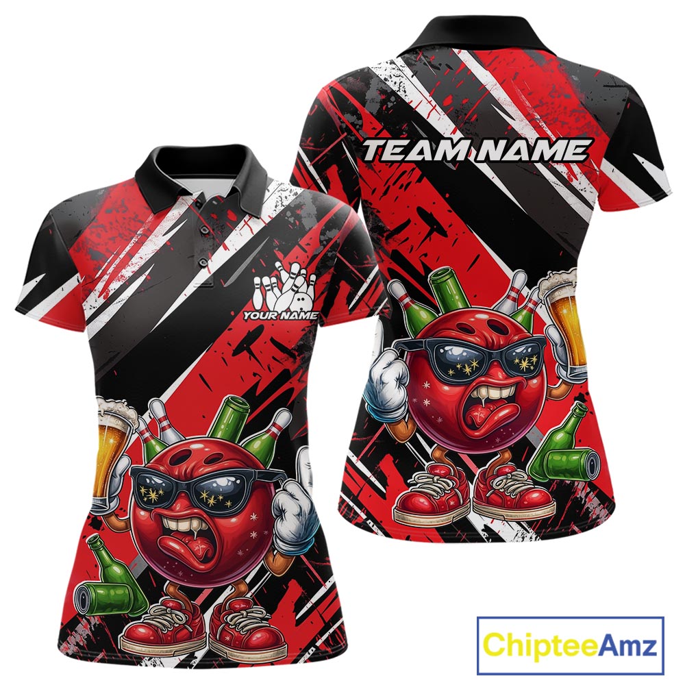 Custom Funny Bowling Ball Drink Beer Bowling Women Polo Shirt, Grunge Red Team Shirt IPHW10117