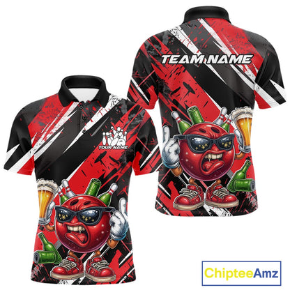Custom Funny Bowling Ball Drink Beer Bowling Men Polo Shirt, Grunge Red Team Shirt IPHW10117