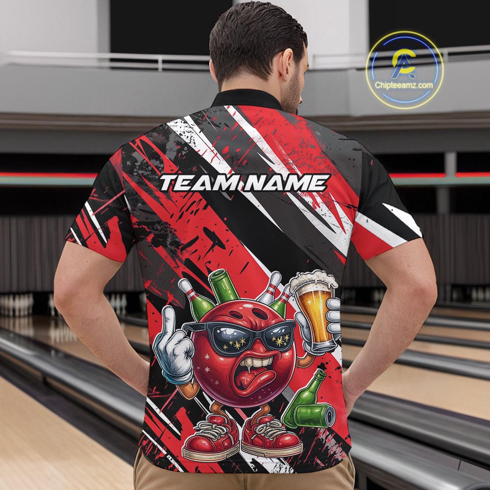 Custom Funny Bowling Ball Drink Beer Bowling Men Quarter-Zip Shirt, Grunge Red Team Shirt IPHW10117