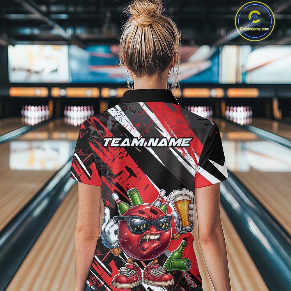 Custom Funny Bowling Ball Drink Beer Bowling Women Quarter-Zip Shirt, Red Team Shirt IPHW10117
