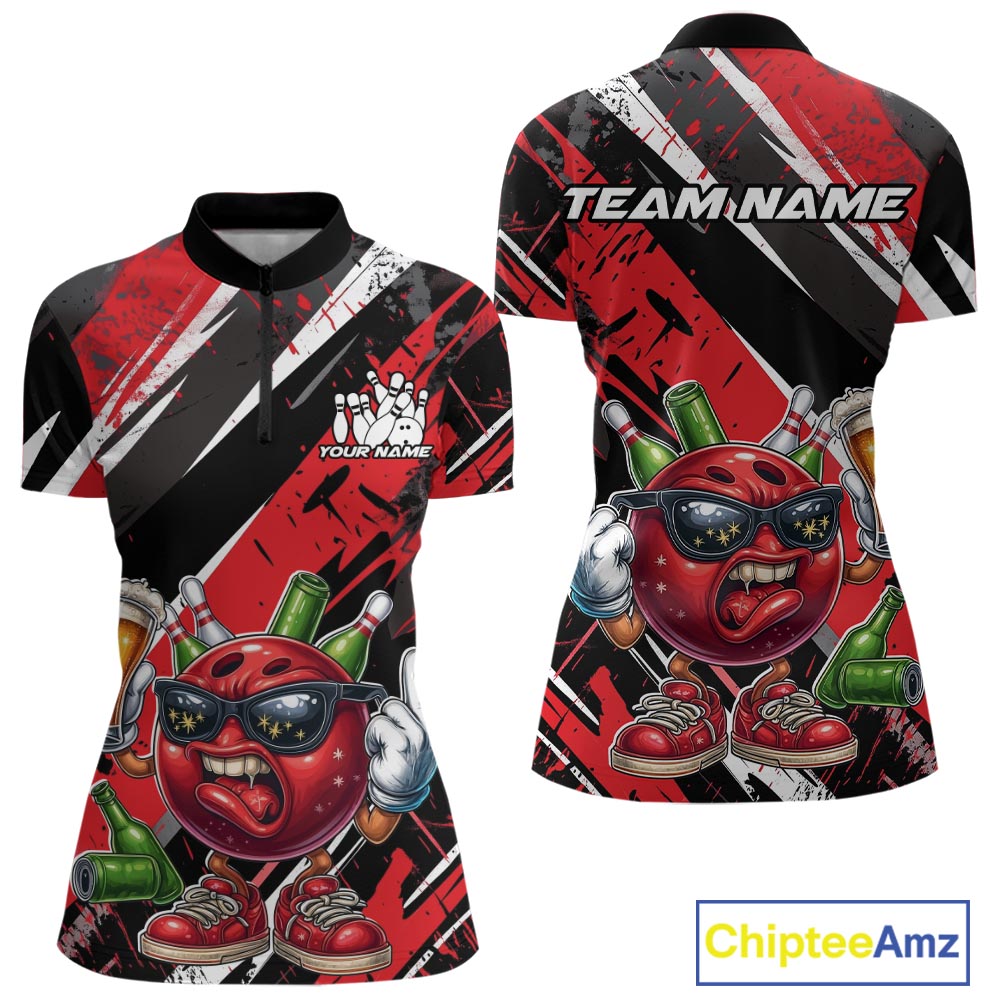 Custom Funny Bowling Ball Drink Beer Bowling Women Quarter-Zip Shirt, Red Team Shirt IPHW10117