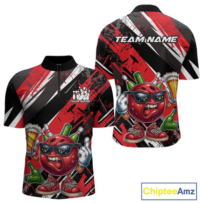 Custom Funny Bowling Ball Drink Beer Bowling Men Quarter-Zip Shirt, Grunge Red Team Shirt IPHW10117