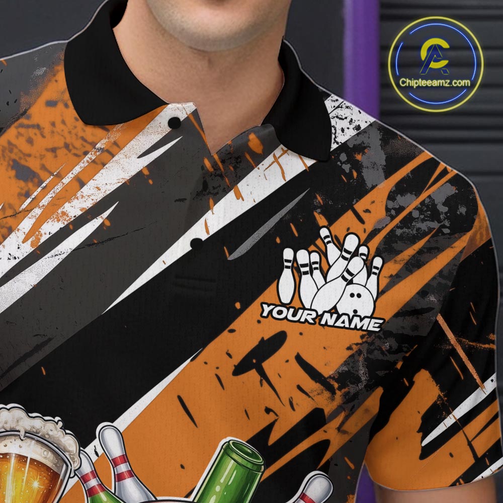 Custom Funny Bowling Ball Drink Beer Bowling Men Polo Shirt, Grunge Orange Team Shirt IPHW10118