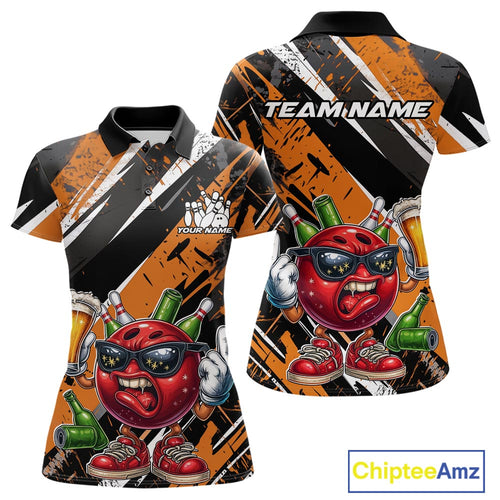 Custom Funny Bowling Ball Drink Beer Bowling Women Polo Shirt, Grunge Orange Team Shirt IPHW10118