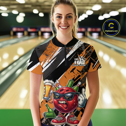 Custom Funny Bowling Ball Drink Beer Bowling Women Quarter-Zip Shirt, Orange Team Shirt IPHW10118