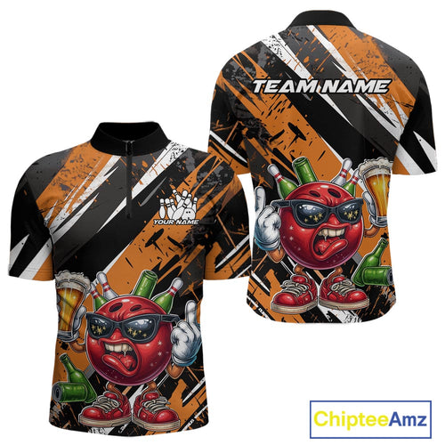 Custom Funny Bowling Ball Drink Beer Bowling Men Quarter-Zip Shirt, Grunge Orange Team Shirt IPHW10118