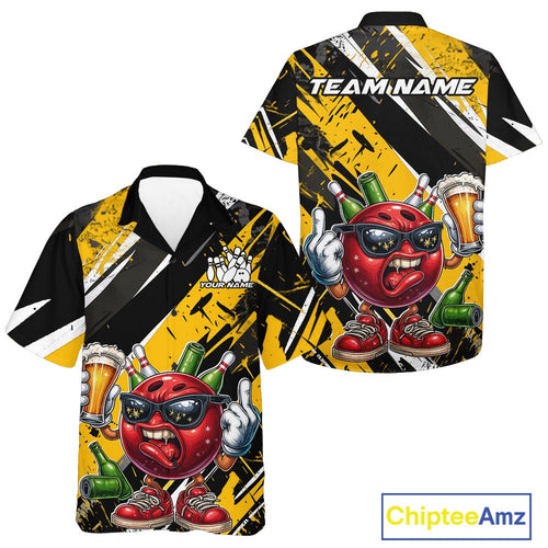 Custom Funny Bowling Ball Drink Beer Bowling Men And Women Hawaiian Shirt, Grunge Yellow Team Shirt IPHW10119