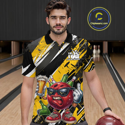 Custom Funny Bowling Ball Drink Beer Bowling Men Polo Shirt, Grunge Yellow Team Shirt IPHW10119