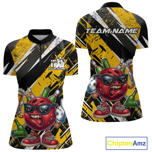 Custom Funny Bowling Ball Drink Beer Bowling Women Quarter-Zip Shirt, Yellow Team Shirt IPHW10119