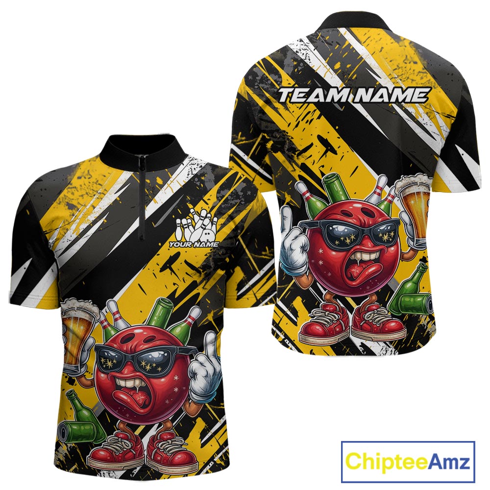 Custom Funny Bowling Ball Drink Beer Bowling Men Quarter-Zip Shirt, Grunge Yellow Team Shirt IPHW10119
