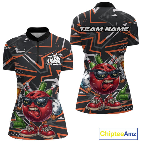 Custom Funny Bowling Ball Drink Beer Bowling Women Quarter-Zip Shirt, Orange Team Shirt IPHW10121