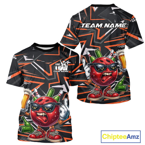 Custom Funny Bowling Ball Drink Beer Bowling Men T-Shirts, Orange Bowling Team IPHW10121