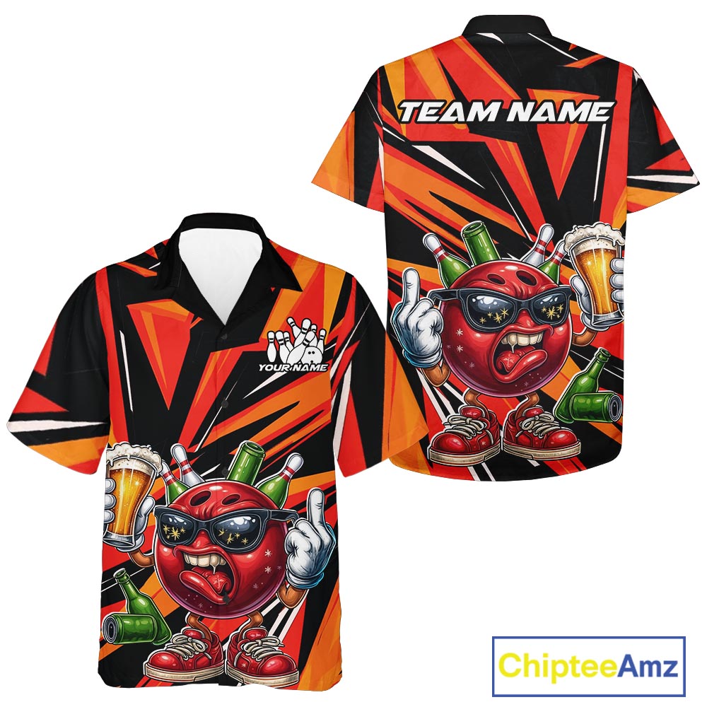 Custom Funny Bowling Ball Drink Beer Bowling Men And Women Hawaiian Shirt, Orange Bowling Team Shirt IPHW10122
