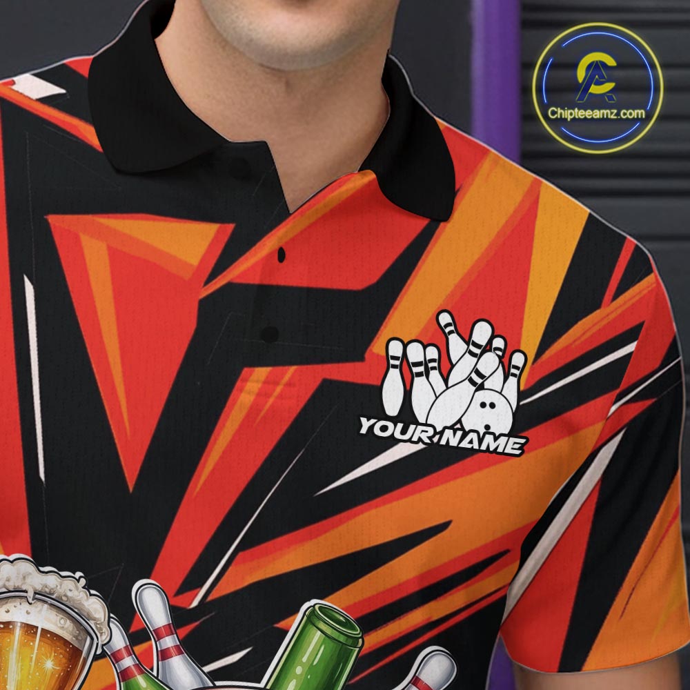 Custom Funny Bowling Ball Drink Beer Bowling Men Polo Shirt, Orange Bowling Team Shirt IPHW10122