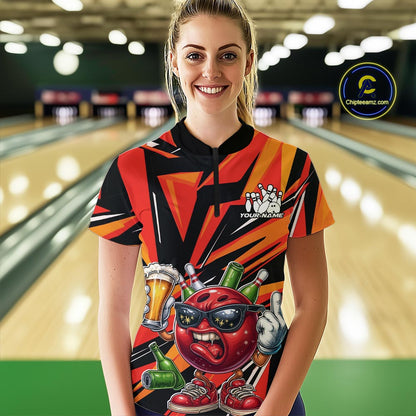 Custom Funny Bowling Ball Drink Beer Bowling Women Quarter-Zip Shirt, Orange Team Shirt IPHW10122