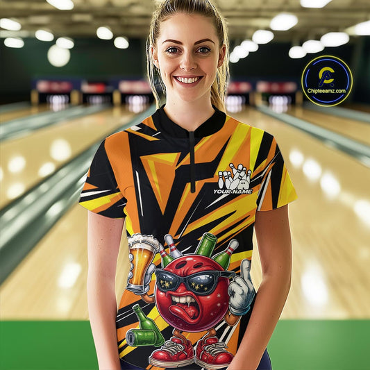 Custom Funny Bowling Ball Drink Beer Bowling Women Quarter-Zip Shirt, Yellow Team Shirt IPHW10123