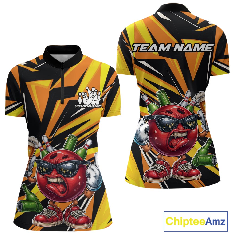 Custom Funny Bowling Ball Drink Beer Bowling Women Quarter-Zip Shirt, Yellow Team Shirt IPHW10123