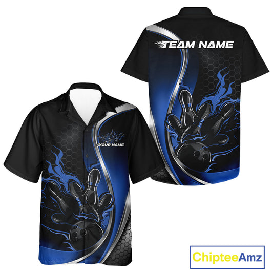 Front and back view of a black and blue button-up bowling shirt mockup featuring flame bowling ball and pins athletic sports graphics.