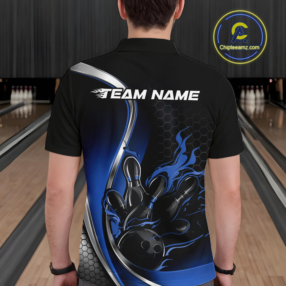 Male model seen from the back in a bowling lane wearing a black and blue polo shirt featuring a flame bowling ball striking pins in a dynamic motion design.