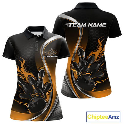 Front and back mockup of women’s black and yellow polo shirt featuring flame bowling ball striking pins in energetic sports apparel design.