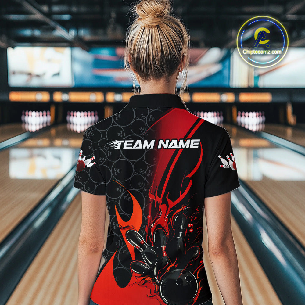 Custom Red Flame Bowling Pattern Bowling Women Polo Shirt, Bowling Team League Shirt IPHW9881