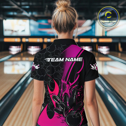 Custom Pink Flame Bowling Pattern Bowling Women Polo Shirt, Bowling Team League Shirt IPHW9882