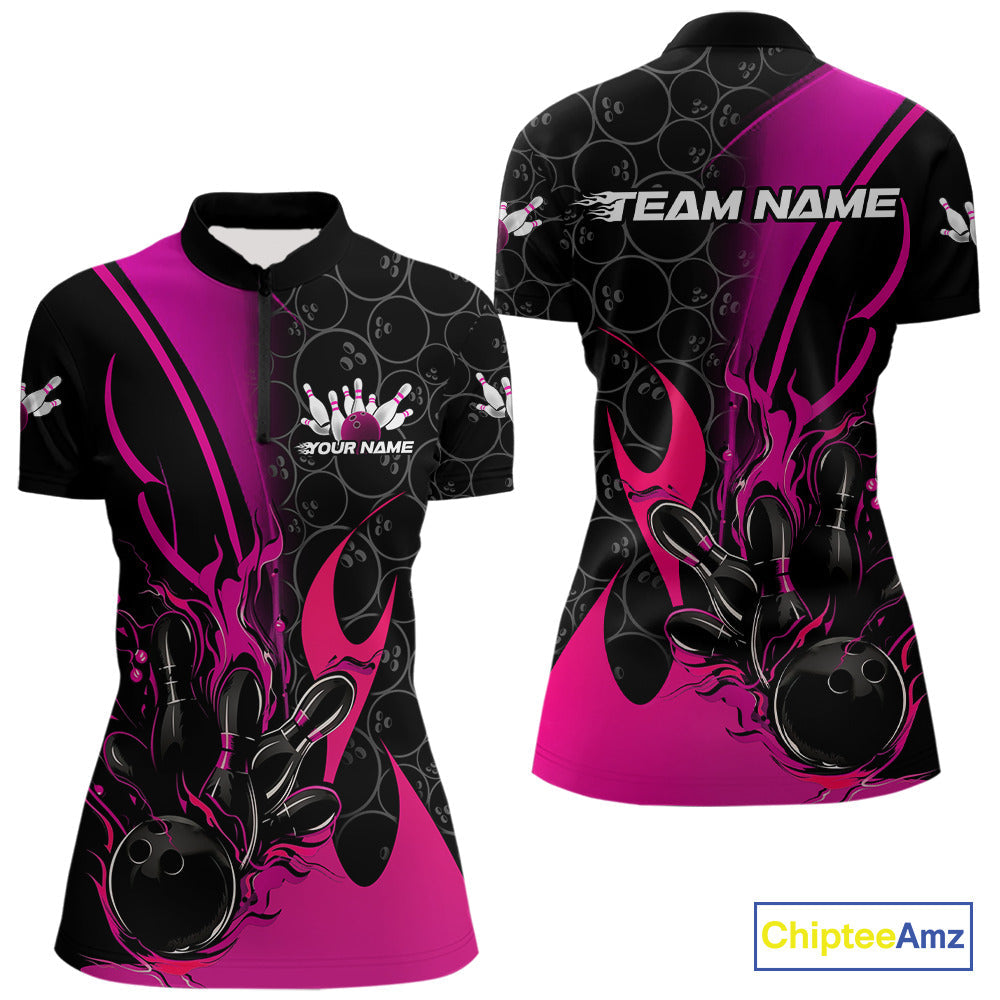 Custom Pink Flame Bowling Pattern Bowling Women Quarter-Zip Shirt, Bowling League Shirt IPHW9882