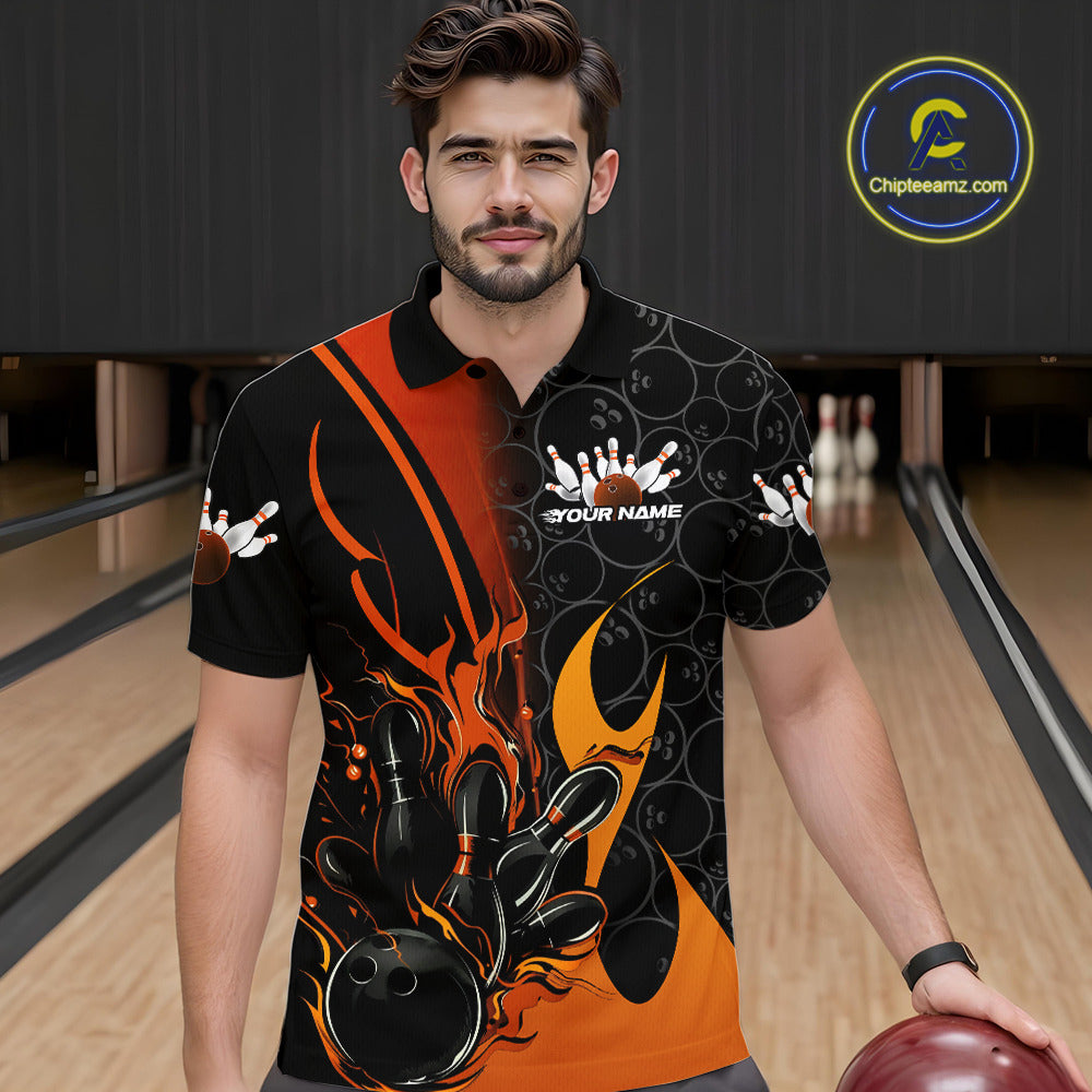 Custom Orange Flame Bowling Pattern Bowling Men Polo Shirt, Bowling Team League Shirt IPHW9883