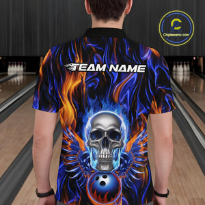 Custom Blue And Yellow Fire Flame Skull Bowling Men Polo Shirts, Hallloween Bowler Outfit IPHW9889