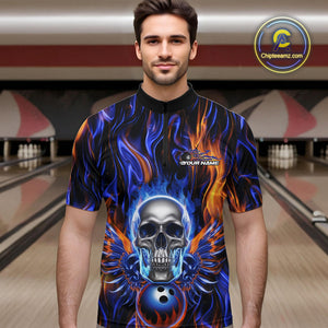 Custom Blue And Yellow Fire Flame Skull Bowling Men Quarter-Zip Shirts, Hallloween Bowler Outfit IPHW9889