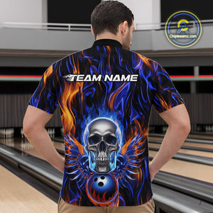 Custom Blue And Yellow Fire Flame Skull Bowling Men Quarter-Zip Shirts, Hallloween Bowler Outfit IPHW9889