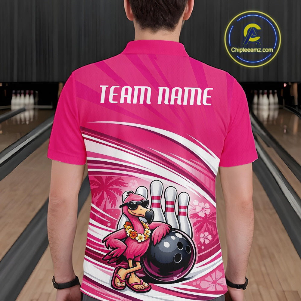Back view of a male model in a pink bowling polo shirt displaying a tropical flamingo artwork resting against a bowling ball.