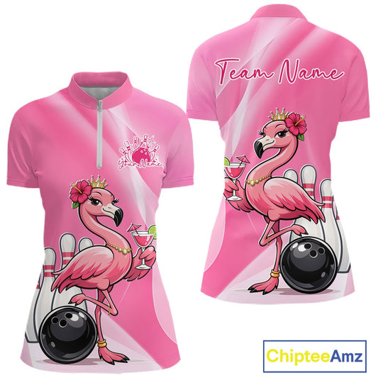 Front and back view of a pink women’s bowling quarter-zip shirt featuring a crowned flamingo holding a cocktail beside a bowling ball with hibiscus flowers.