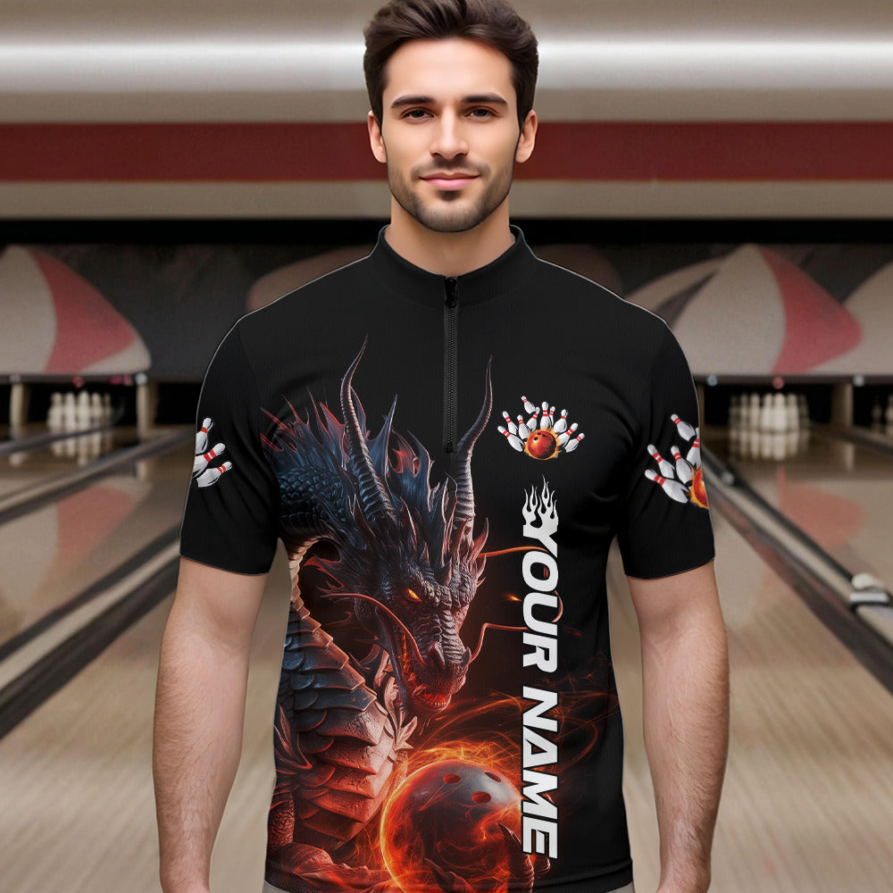 Custom Smoke Flame Dragon Bowling Quarter-Zip Shirt For Men, Dragon Bowling Team Jerseys IPHW9904