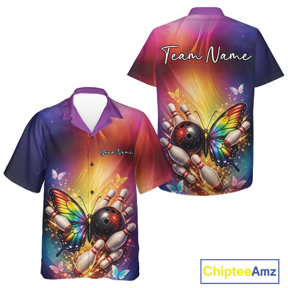 Button-up bowling shirt shown from the front and back with a rainbow butterfly beside a bowling ball and scattered bowling pins.