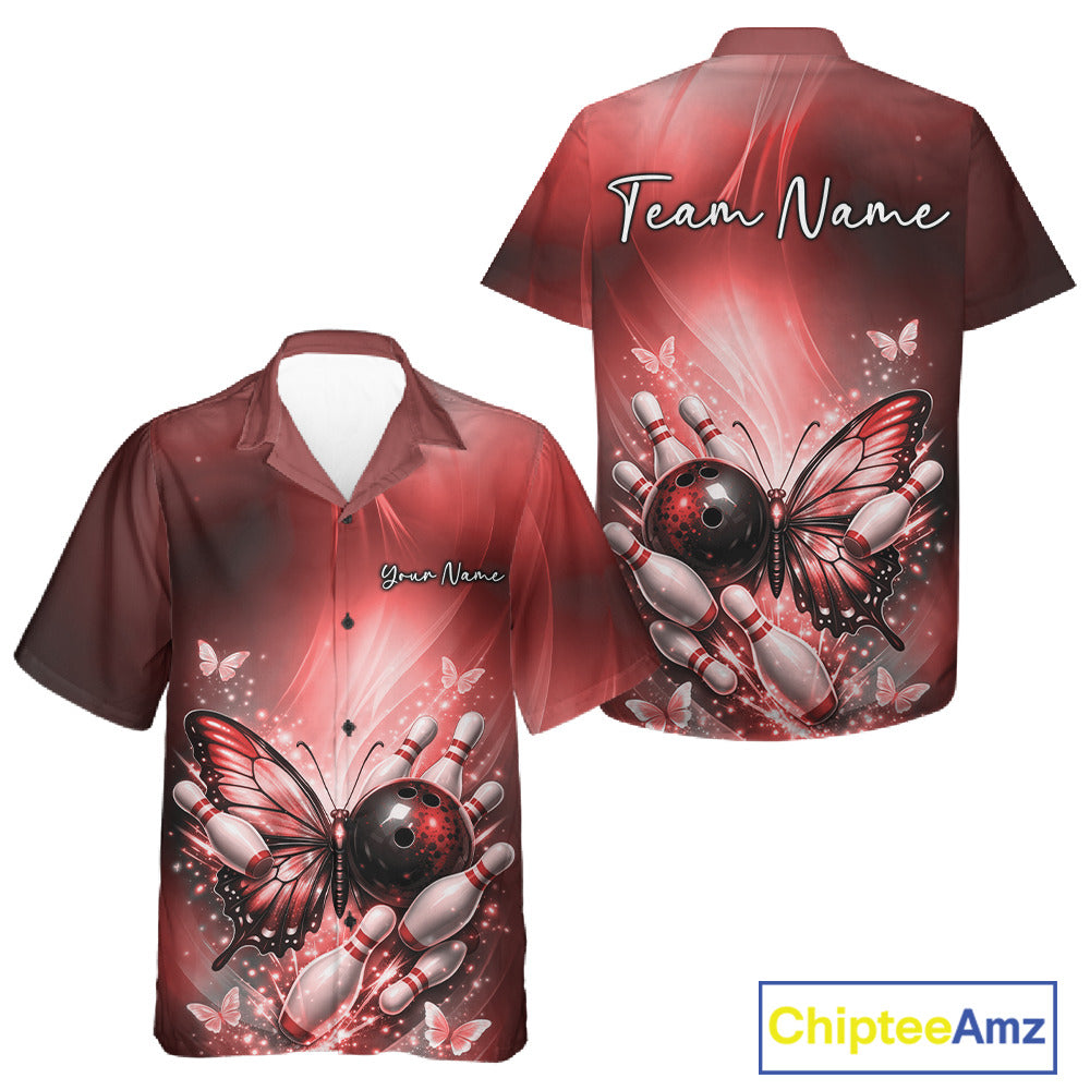 Front and back view of a red button-up bowling shirt showcasing a butterfly beside a bowling ball and scattered bowling pins.