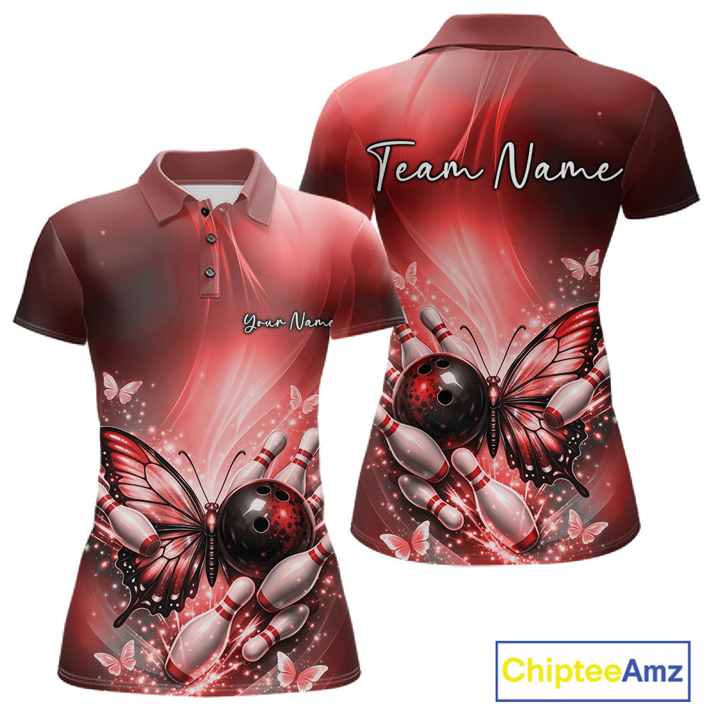 Front and back mockup of a red women’s bowling polo shirt featuring a butterfly beside a bowling ball with scattered bowling pins.
