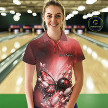 Load image into Gallery viewer, Custom Red Butterfly Bowling Team Women Polo Shirt, Bowling League Shirt IPHW11036