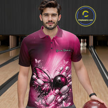 Load image into Gallery viewer, Custom Pink Butterfly Bowling Team Men Polo Shirt, Bowling League Shirt IPHW11038