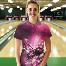 Load image into Gallery viewer, Custom Pink Butterfly Bowling Team Women Polo Shirt, Bowling League Shirt IPHW11038