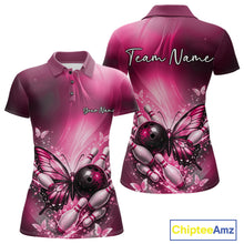 Load image into Gallery viewer, Custom Pink Butterfly Bowling Team Women Polo Shirt, Bowling League Shirt IPHW11038