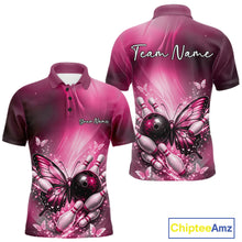 Load image into Gallery viewer, Custom Pink Butterfly Bowling Team Men Polo Shirt, Bowling League Shirt IPHW11038