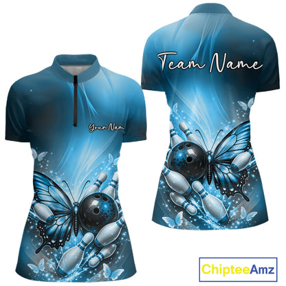 Front and back view of a blue women’s bowling quarter-zip shirt featuring a butterfly beside a bowling ball with scattered bowling pins.