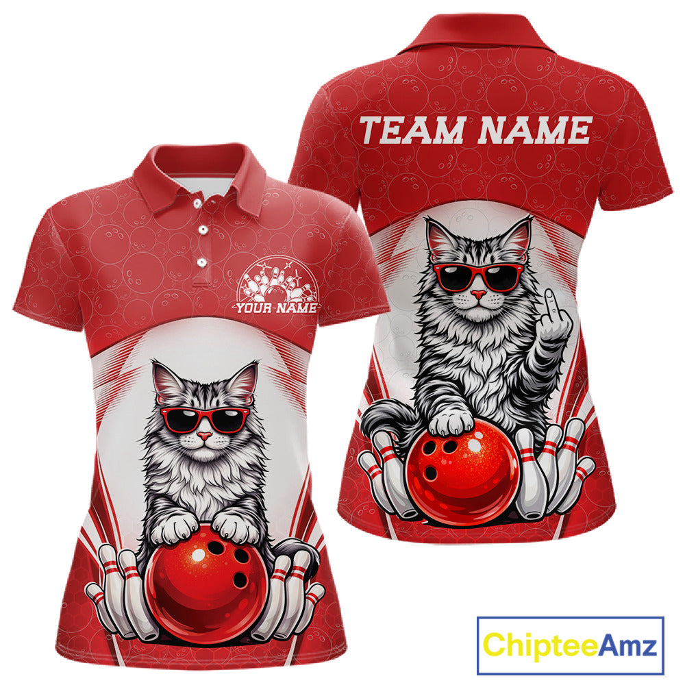 Front and back view of a white and red women’s bowling polo shirt featuring a Maine Coon cat wearing sunglasses and leaning on a bowling ball.