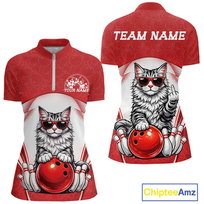 Front and back view of a white and red women’s bowling quarter-zip shirt featuring a Maine Coon cat wearing sunglasses beside a bowling ball.