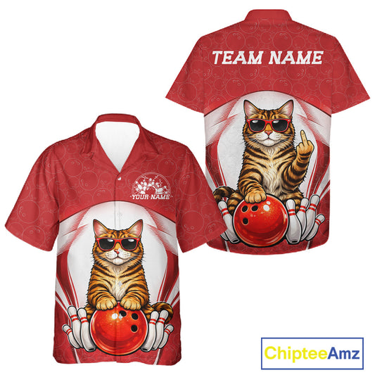 White and red button-up bowling shirt mockup with front and back views, featuring a golden brown Bengal cat in sunglasses leaning on a bowling ball.