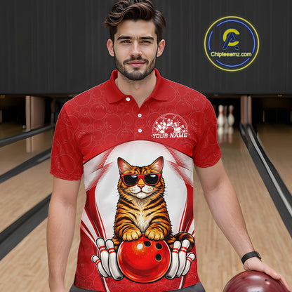 Male model wearing a bowling polo shirt at a bowling lane with a Bengal cat in sunglasses and bowling ball graphics.